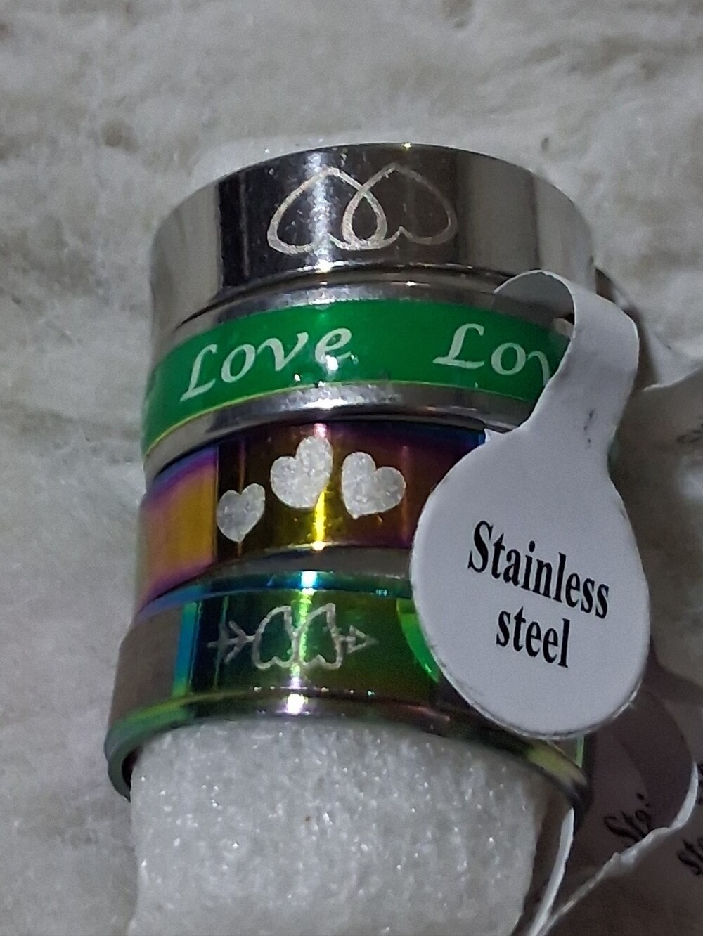 Stainless Steel Green 'Love' Accent Ring Set